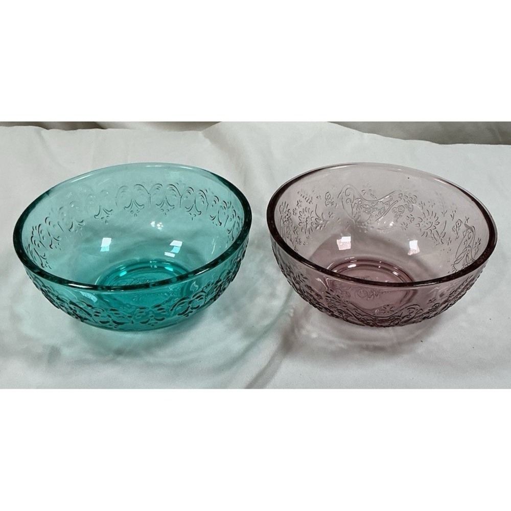 The Pioneer Woman Embossed Glass Bowls 5" Teal Aqua Plum Pink Lot of 2